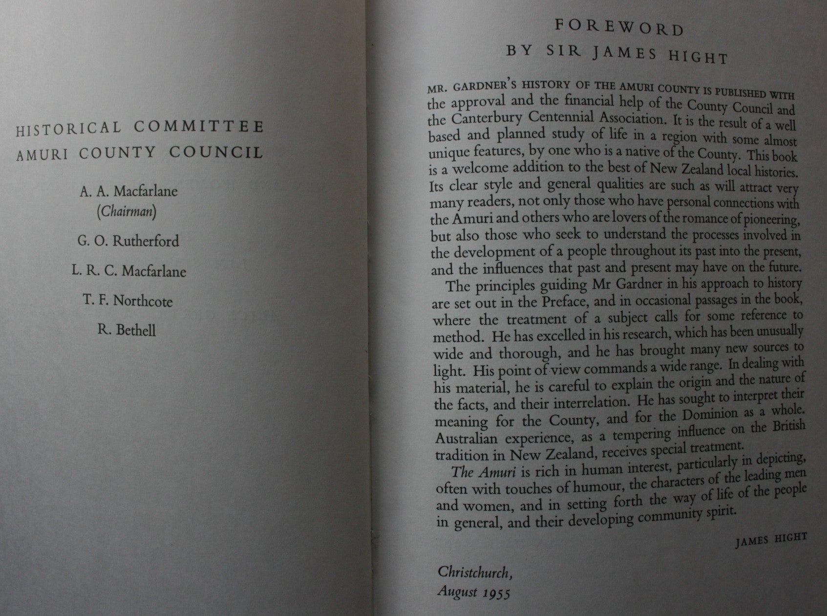 The Amuri, A County History. FIRST EDITION 1956. By W. J. Gardner