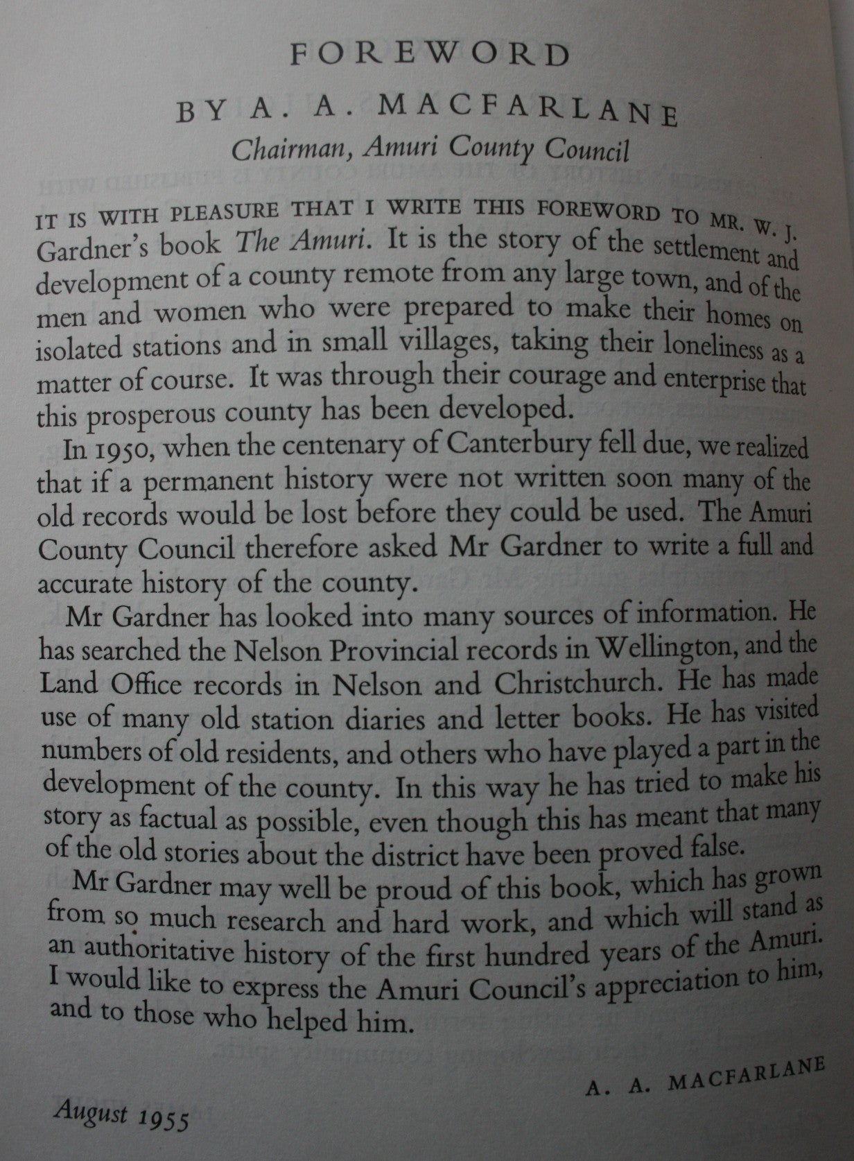 The Amuri, A County History. FIRST EDITION 1956. By W. J. Gardner