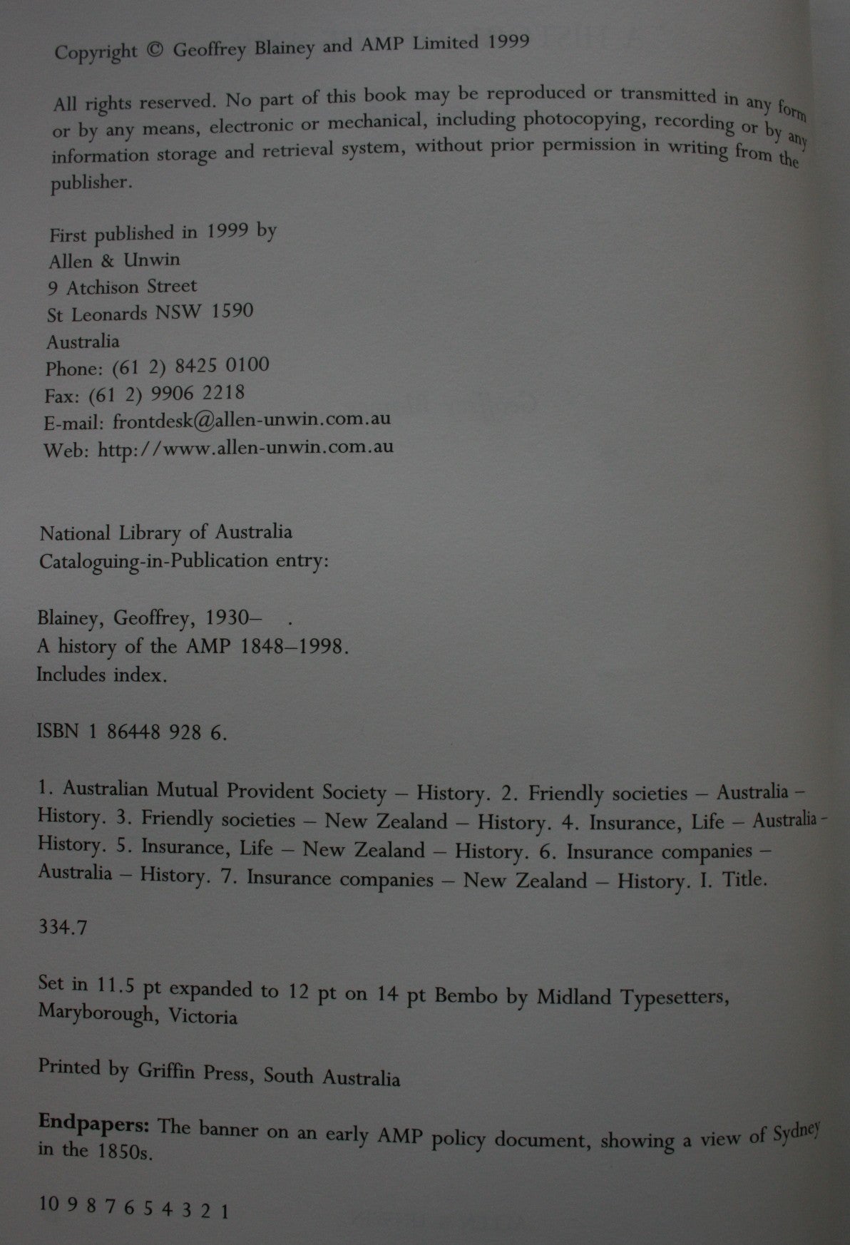 A History of the AMP 1848-1998 By Geoffrey Blainey. 1999, First Edition.