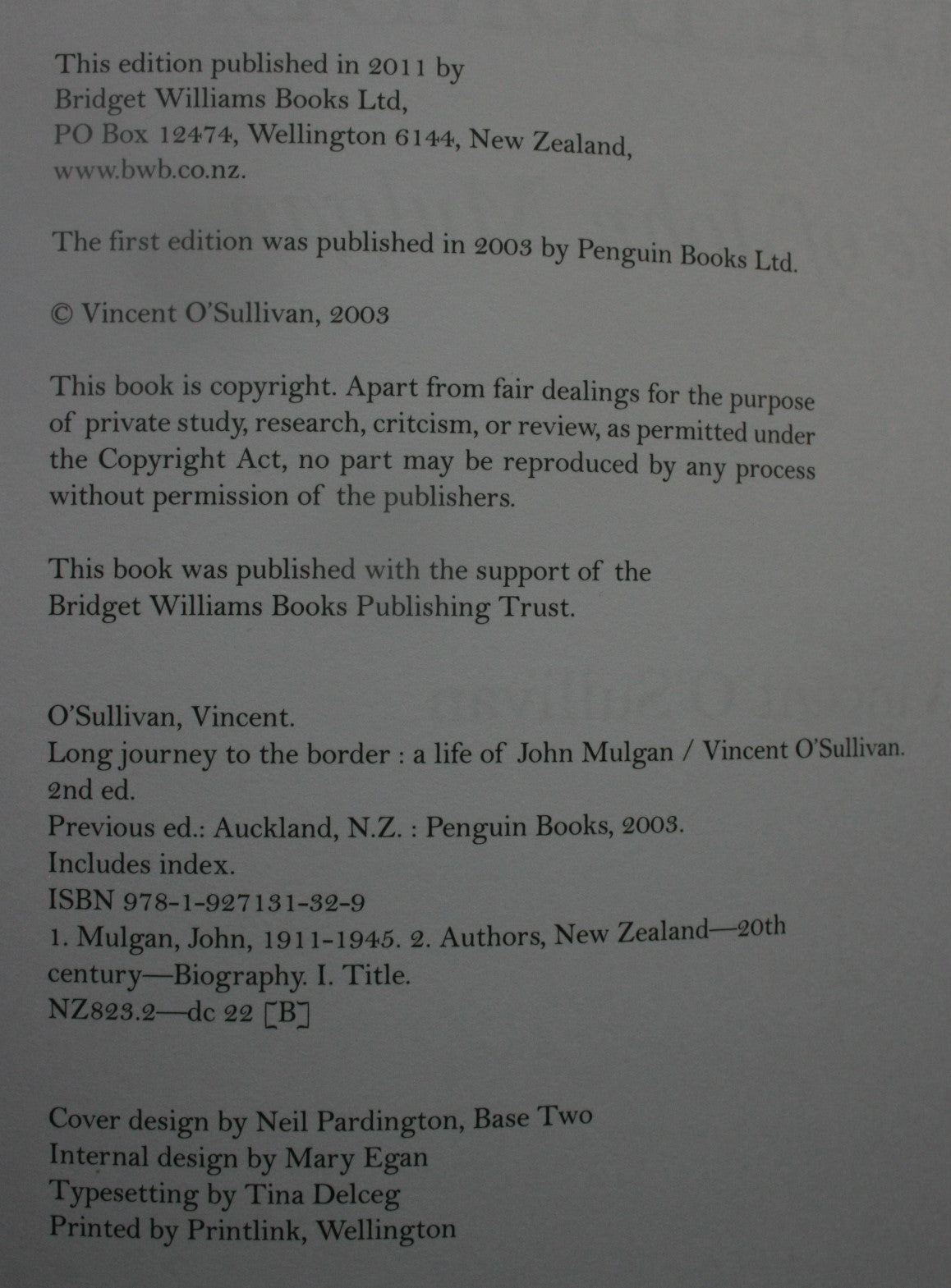 Long Journey to the Border. A Life of John Mulgan. By Vincent O'Sullivan