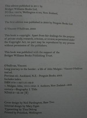 Long Journey to the Border. A Life of John Mulgan. By Vincent O'Sullivan