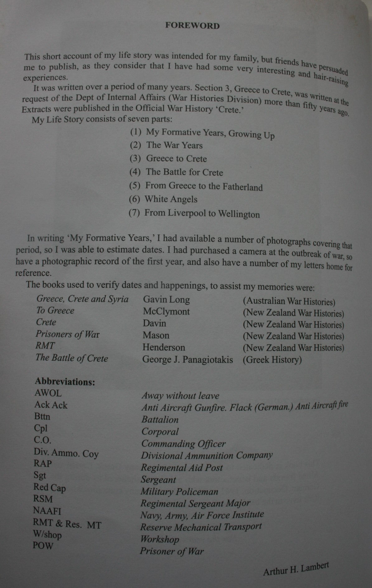 From Greece to Crete, Before and After. A Kiwi War Story. Extracts from My Life Story. by Arthur Lambert. SIGNED BY AUTHOR. SCARCE.