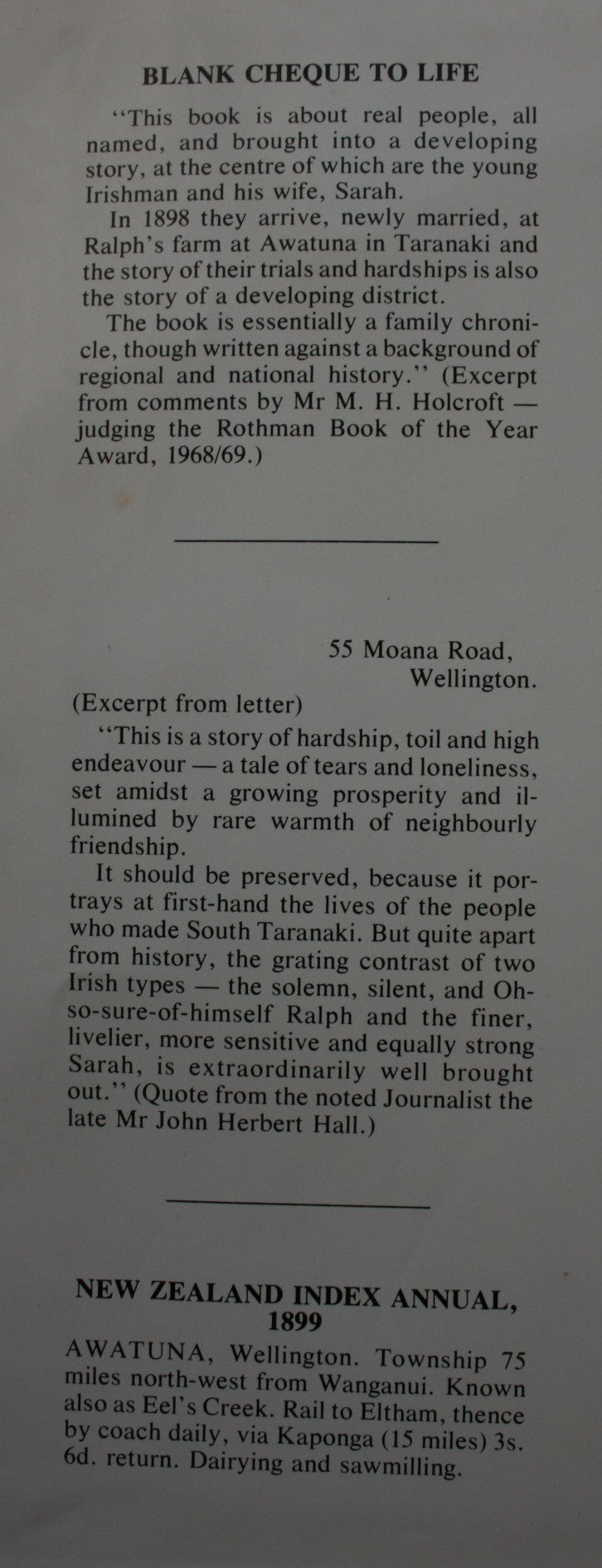 Blank Cheque To Life : A Taranaki Pioneering Story, Factual, Biographical and Historical