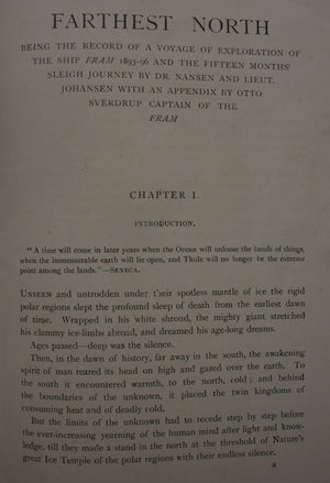 Fridtjof Nansen's 'Farthest North': Being the Record of a Voyage of Exploration of the Ship Fram 1893-96 and of a Fifteen Months' Sleigh Journey. 1898.