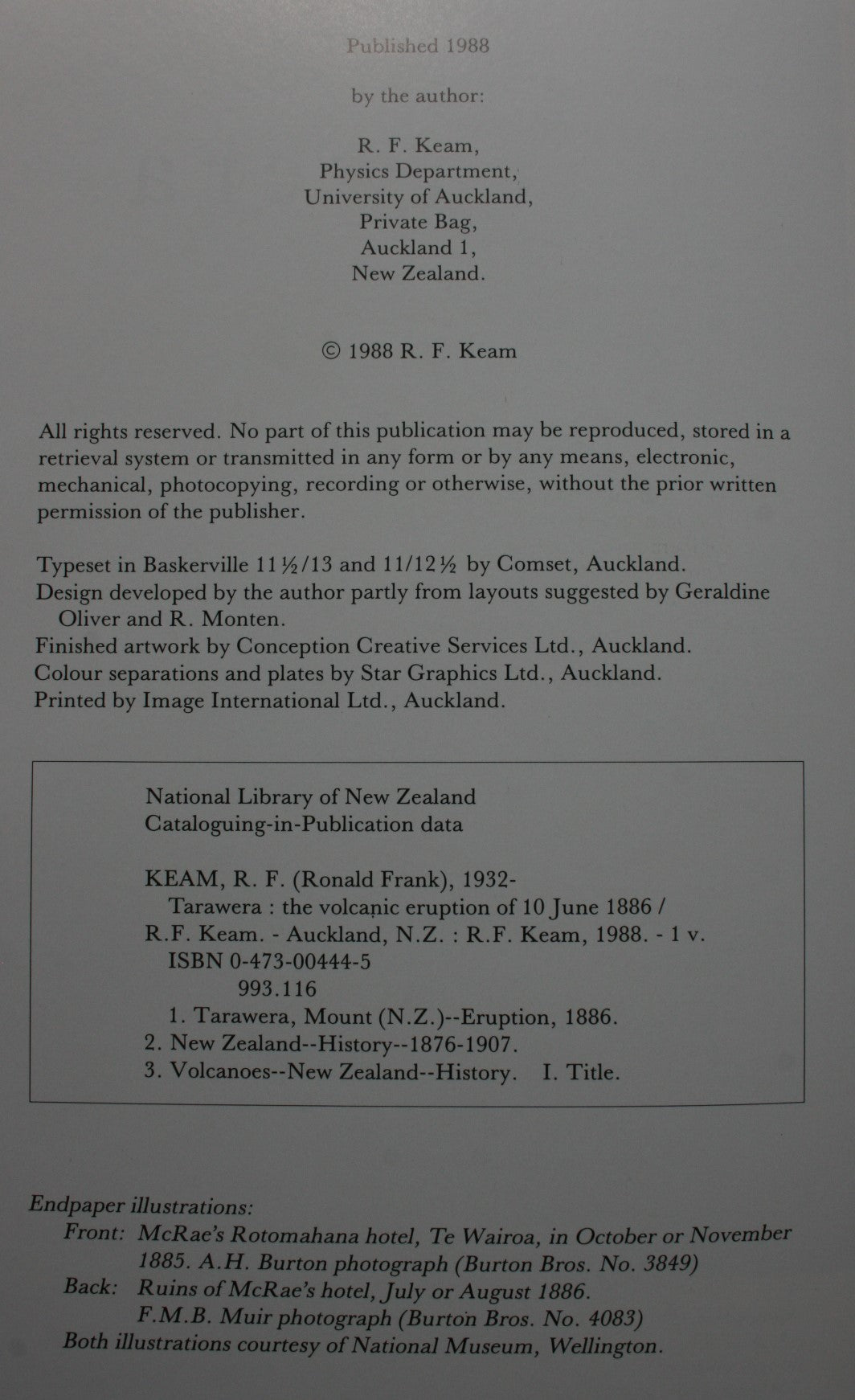 Tarawera the Volcanic Eruption of 10 June 1886 By Ronald F. Keam. SIGNED