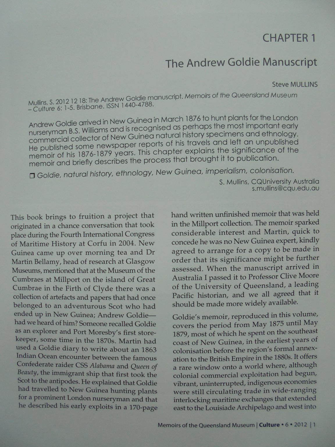 SIGNED. Andrew Goldie in New Guinea 1875-1879: memoirs of natural history