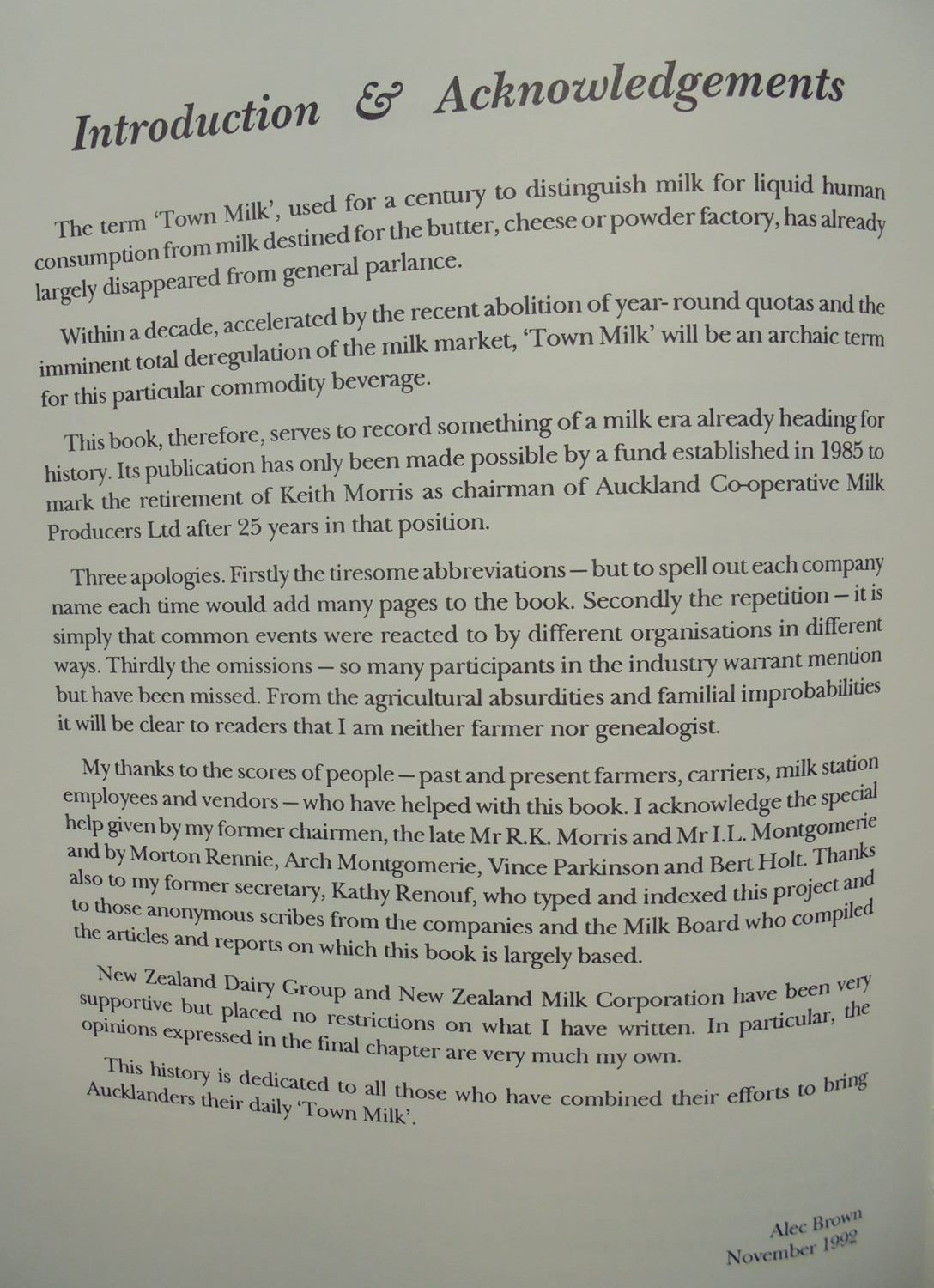 Town Milk: A History Of Auckland's Town Milk Supply. SIGNED by Alec Brown