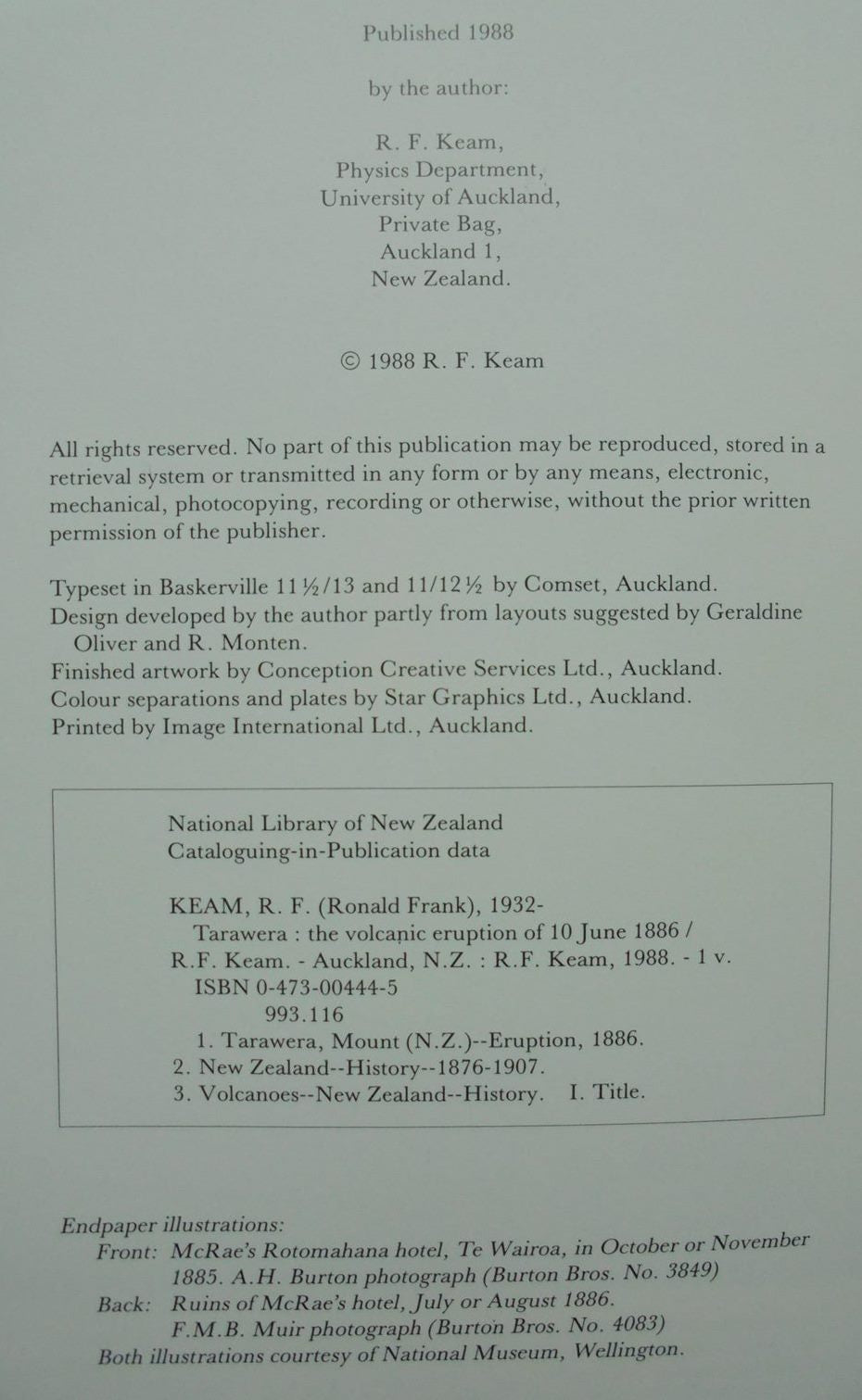 Tarawera the Volcanic Eruption of 10 June 1886 By Ronald F. Keam. FIRST EDITION.