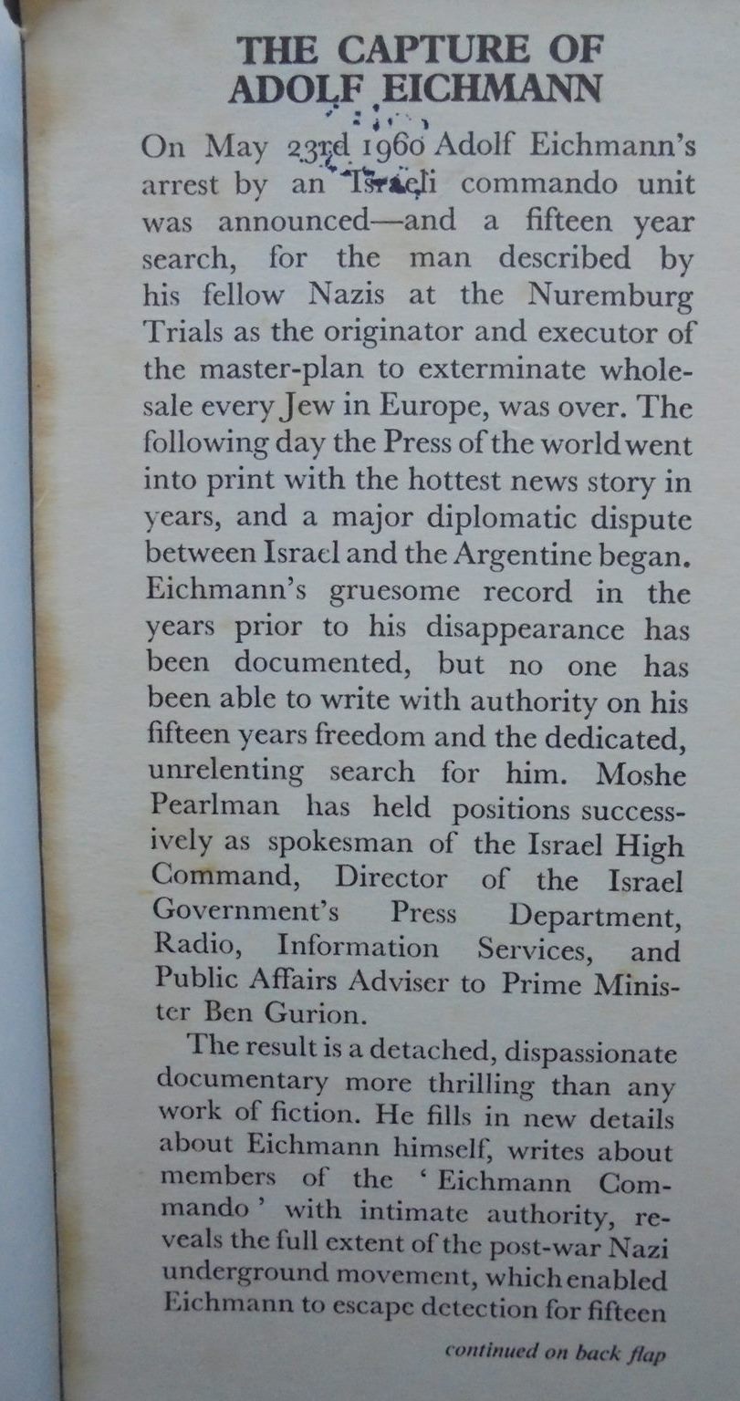 The Capture of Adolf Eichmann BY Moshe Pearlman.