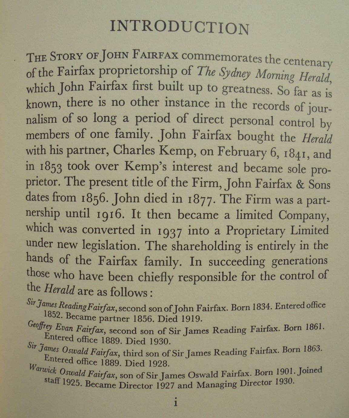 The Story Of John Fairfax. Commemorating The Centenary Of The Fairfax Proprietary Of The Sydney Morning Herald 1841-1941. By J.F. Fairfax.