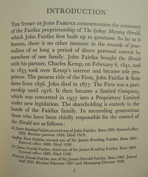 The Story Of John Fairfax. Commemorating The Centenary Of The Fairfax Proprietary Of The Sydney Morning Herald 1841-1941. By J.F. Fairfax.