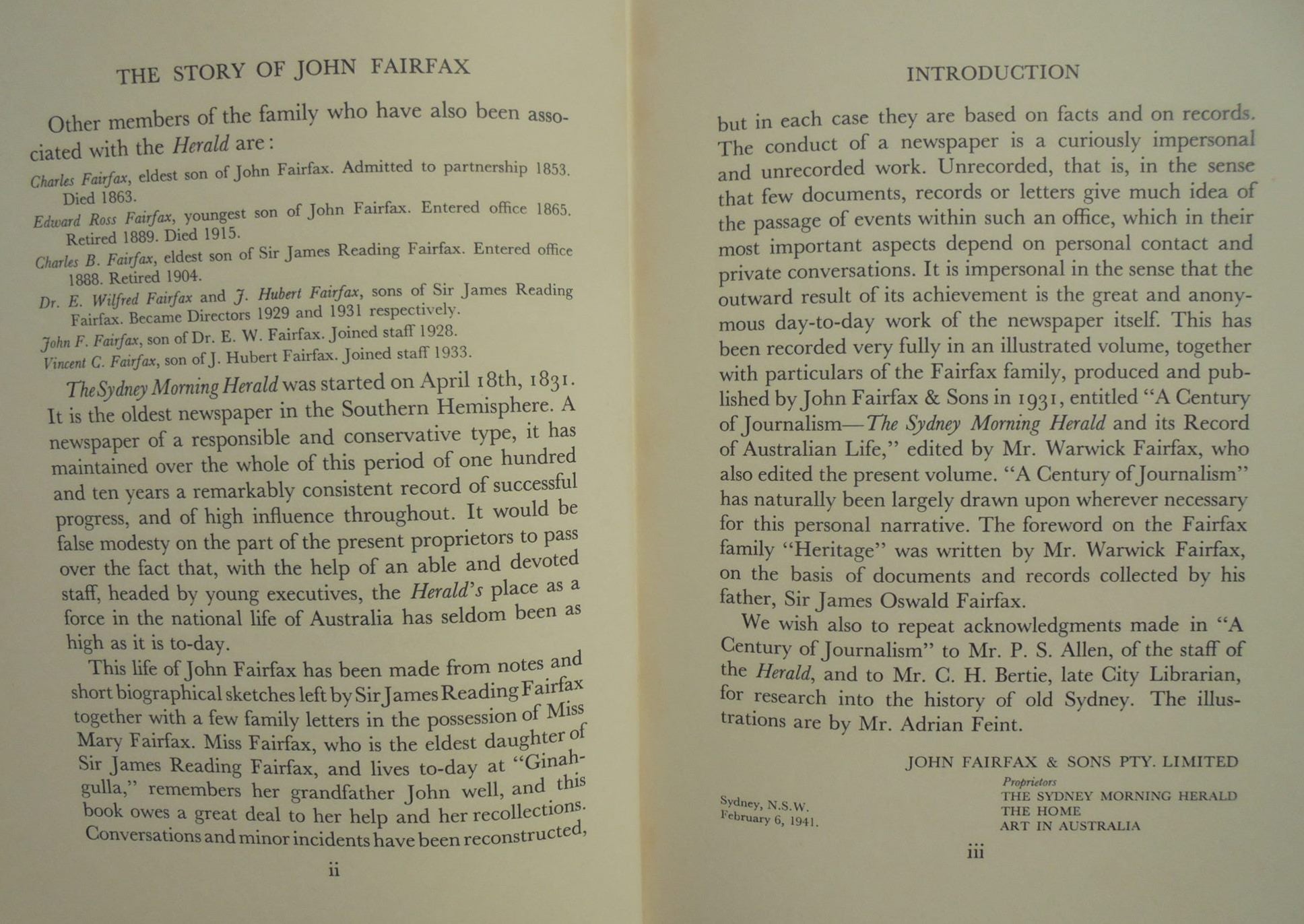 The Story Of John Fairfax. Commemorating The Centenary Of The Fairfax Proprietary Of The Sydney Morning Herald 1841-1941. By J.F. Fairfax.