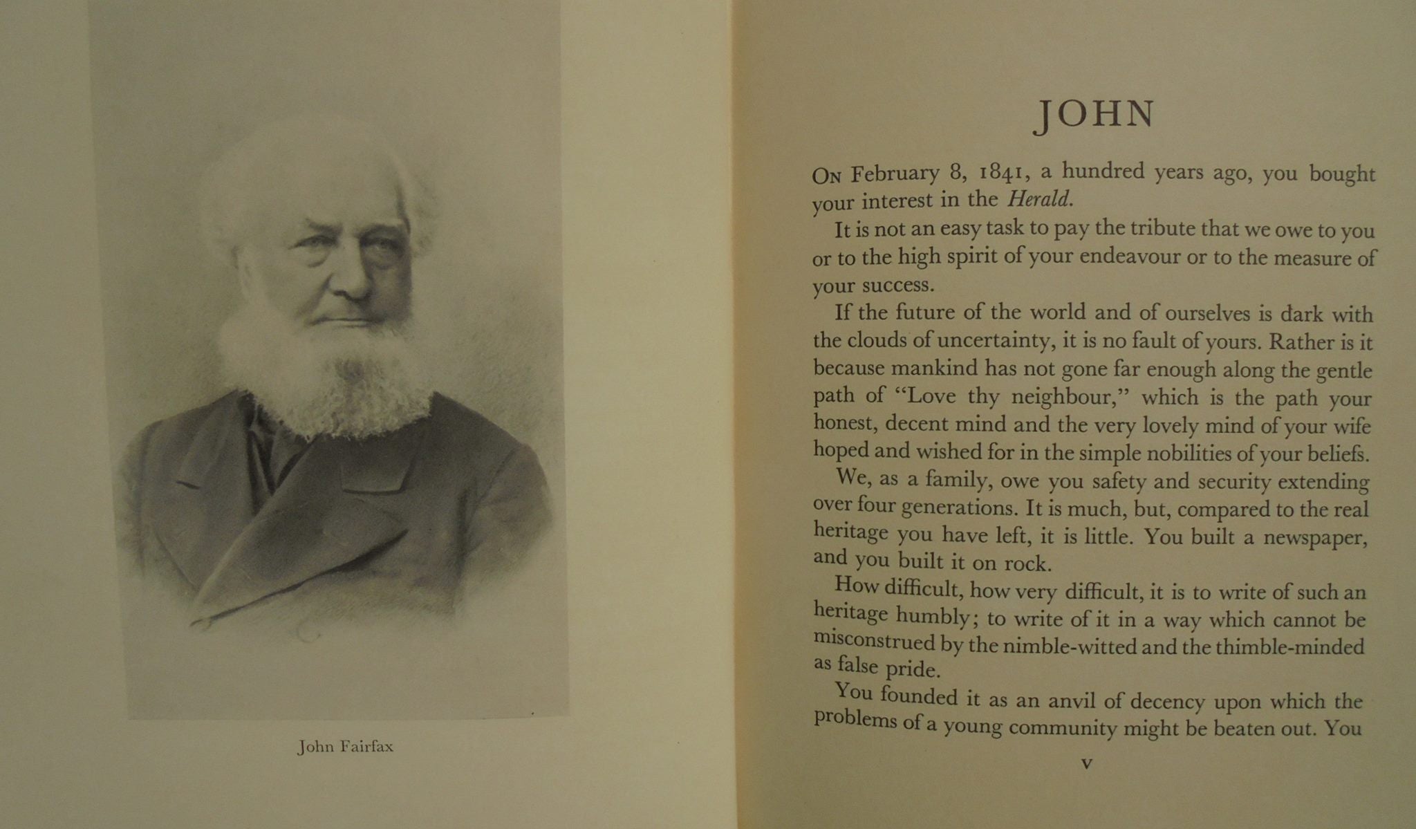 The Story Of John Fairfax. Commemorating The Centenary Of The Fairfax Proprietary Of The Sydney Morning Herald 1841-1941. By J.F. Fairfax.