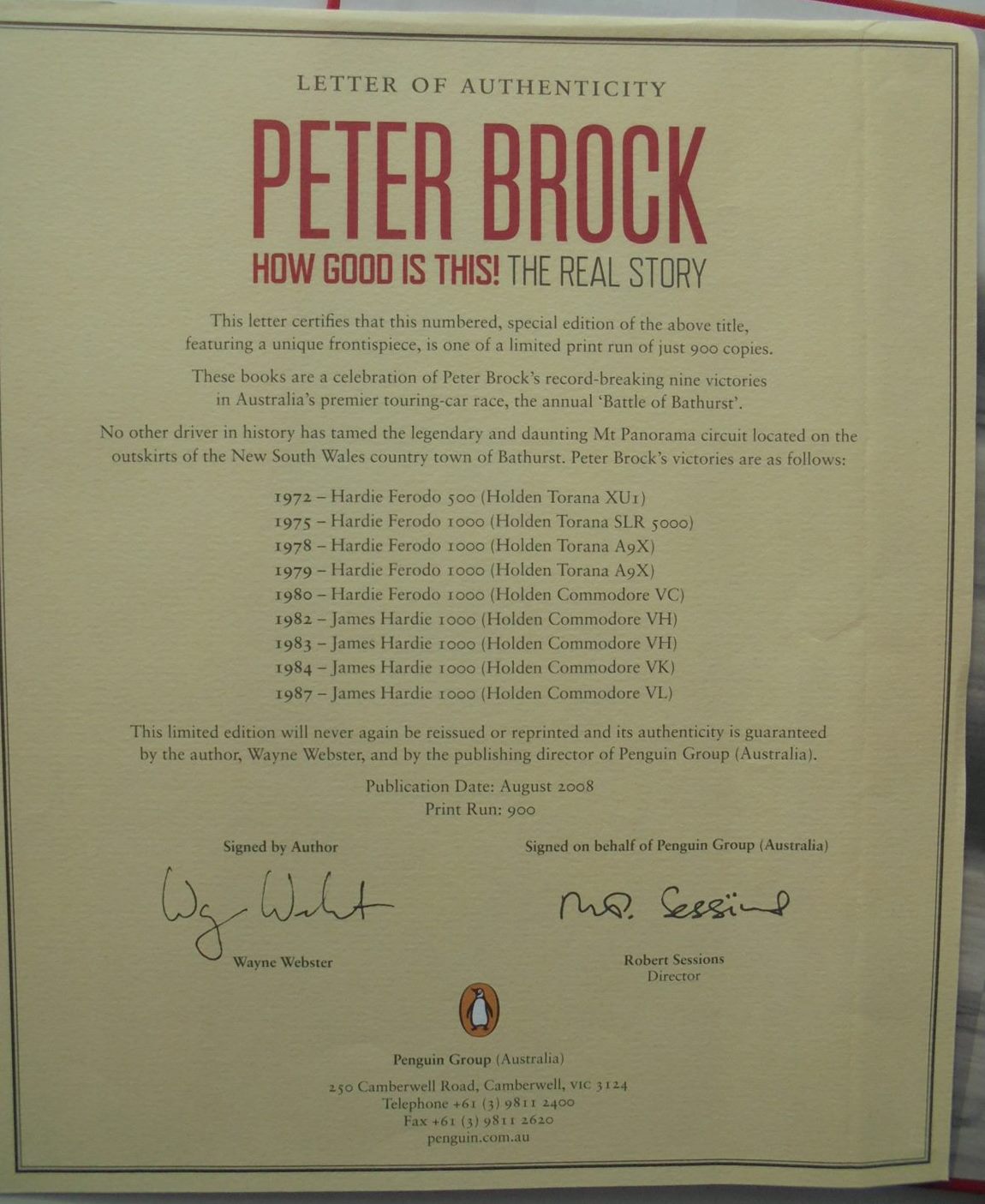 Peter Brock: How Good Is This! The Real Story. VERY SCARCE LIMITED EDITION of only 900 copies, in slipcase.