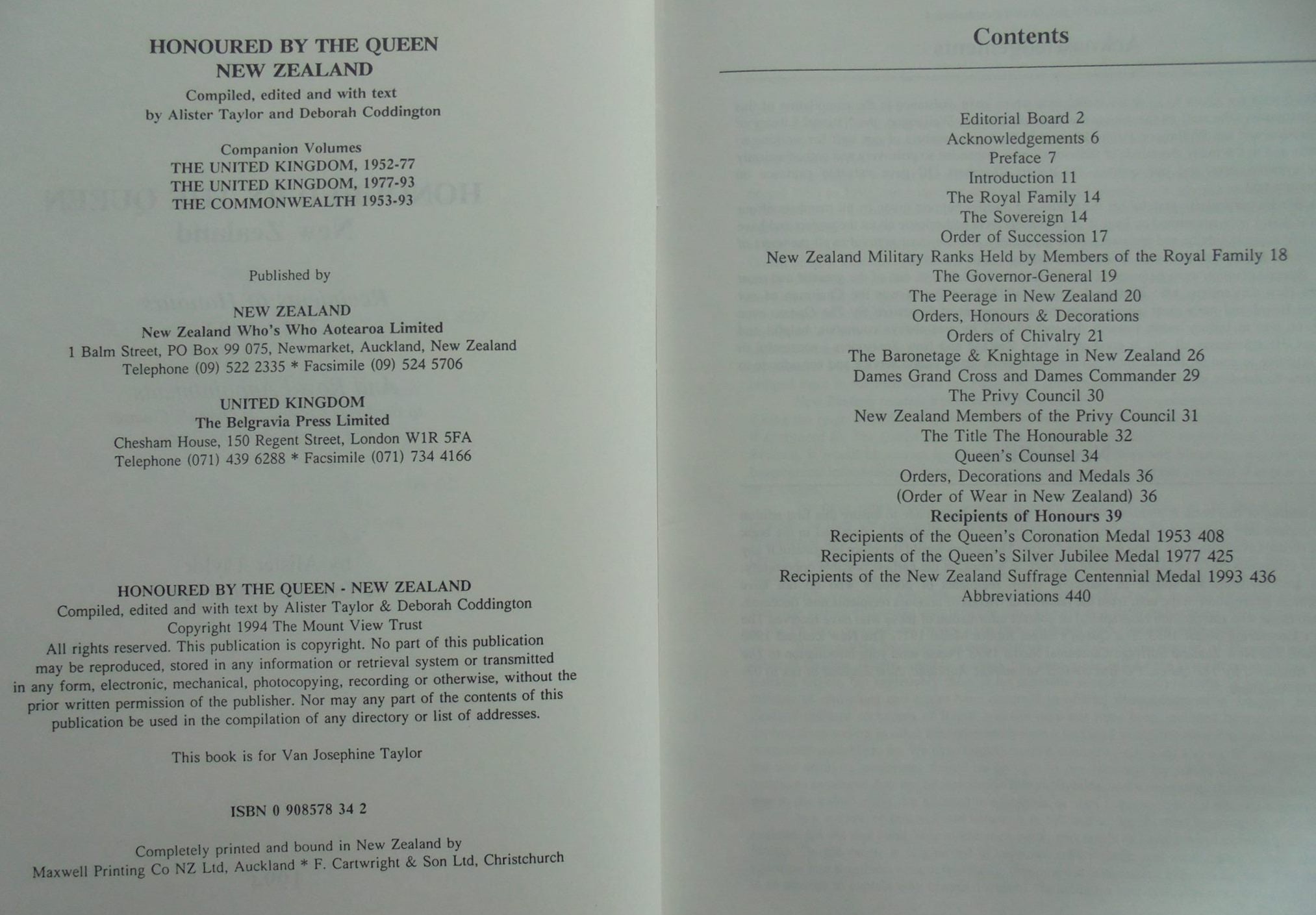 Honoured by the Queen--New Zealand: Recipients of honours, 1953-1993 and royal appointments to the Privy Council, as Queen's Counsel, and as justices of the peace.