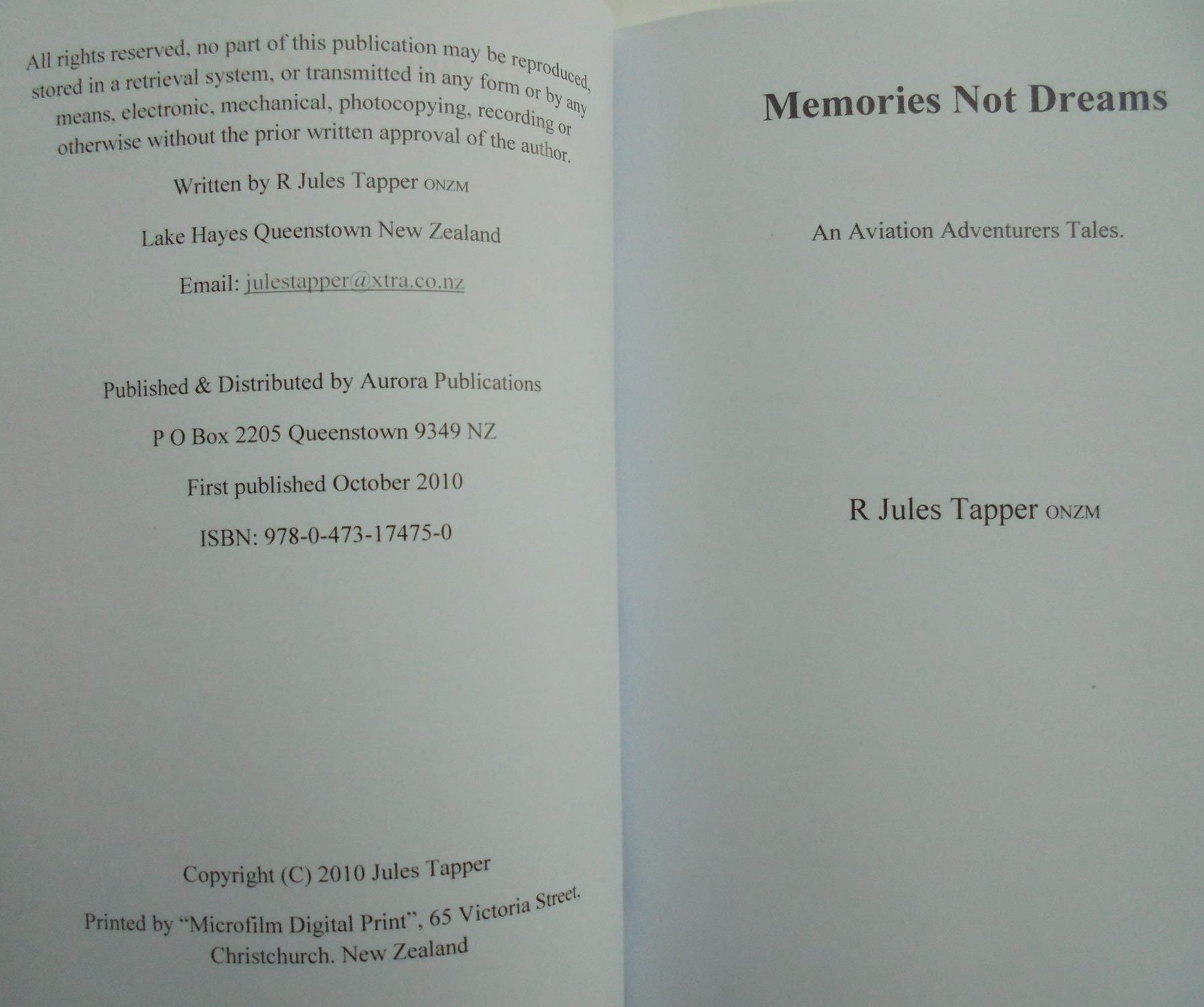 Memories Not Dreams: An Aviation Adventurers Tales BY Jules Tapper.