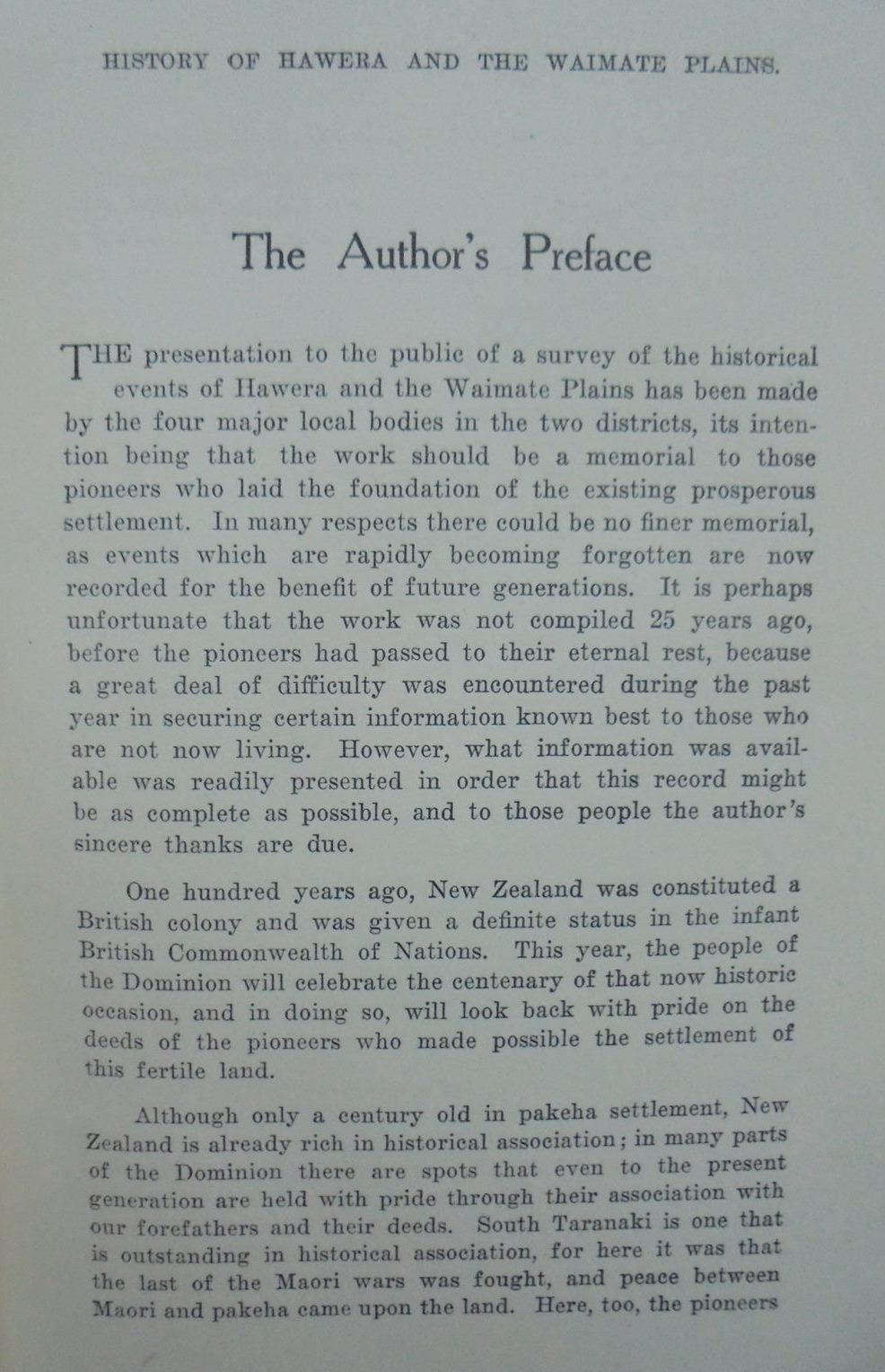 Centennial History of the Hawera and the Waimate Plains. by C.J. Roberts. SIGNED & Dated 1940 BY AUTHOR.