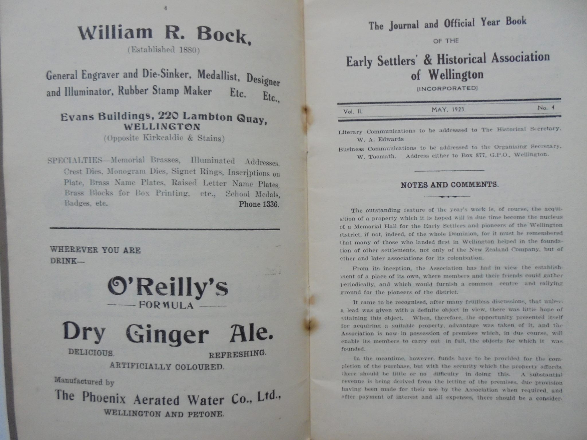 The Journal and Official Year Book of the Early Settlers and Historical Association of Wellington. Vol. 2, No. 4. May 1923.