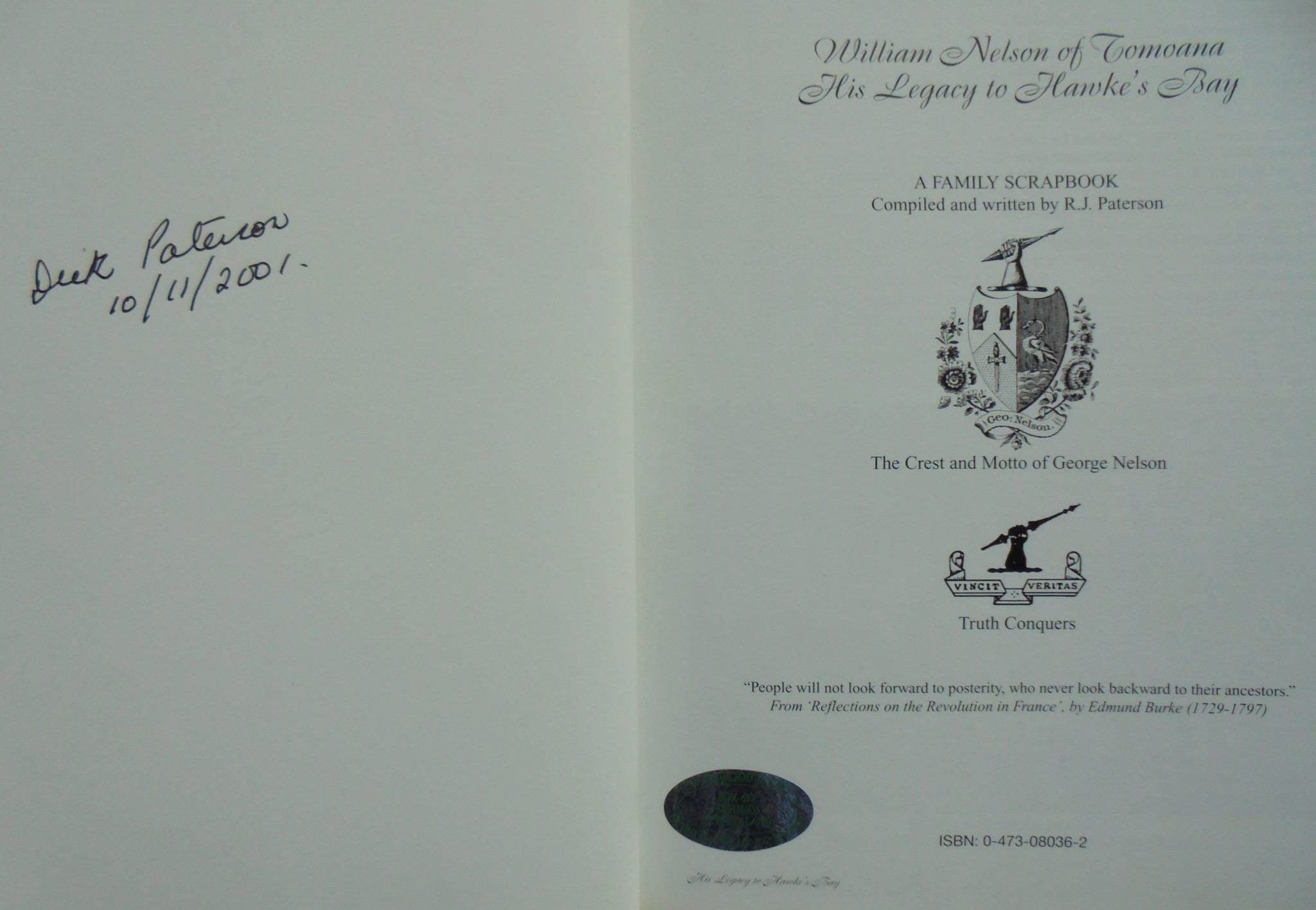 William Nelson of Tomoana - His legacy to Hawke's Bay by R J Paterson. SIGNED BY AUTHOR. SCARCE.