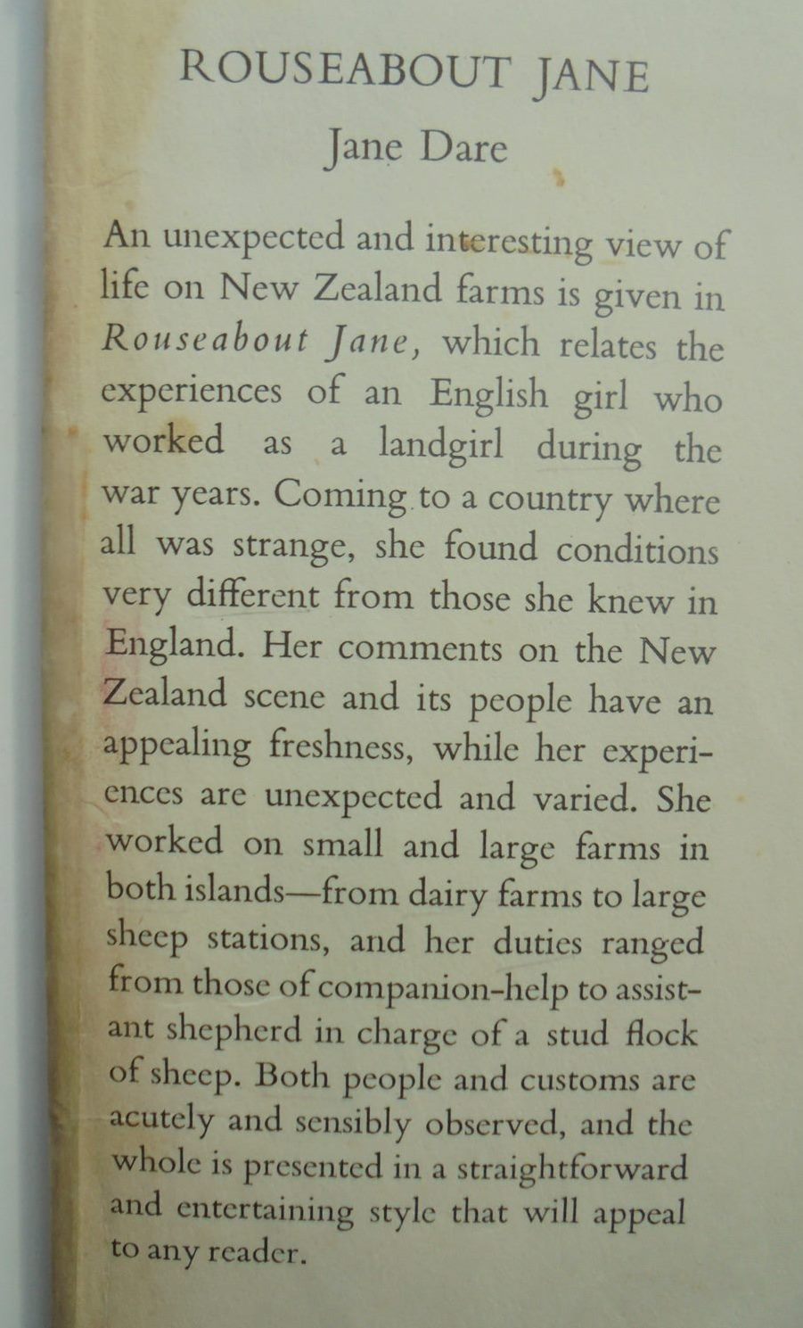 Rouseabout Jane: A Land Girl in New Zealand. By Jane Dare