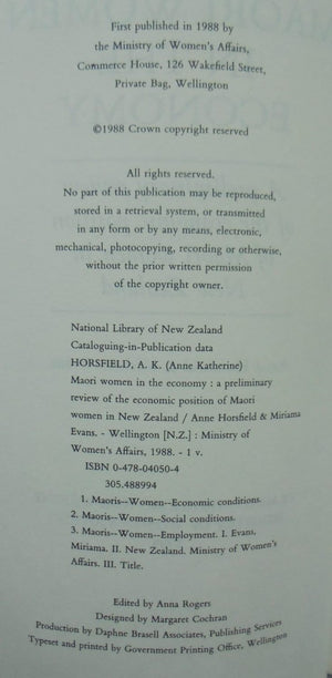 Maori women in the economy: A preliminary review of the economic position of Maori women in New Zealand by Horsfield, A. K