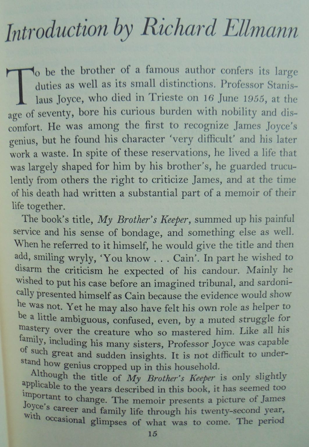 My Brother's Keeper by Stanislaus Joyce. 1958, First Edition.