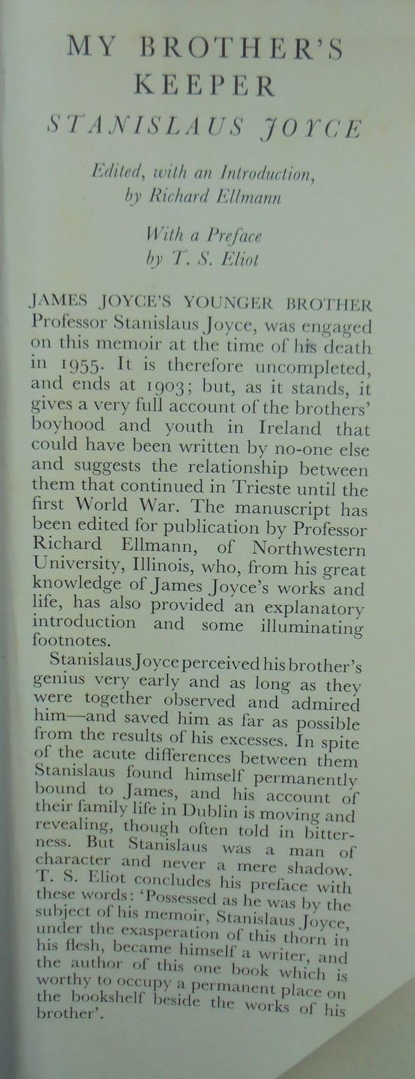 My Brother's Keeper by Stanislaus Joyce. 1958, First Edition.