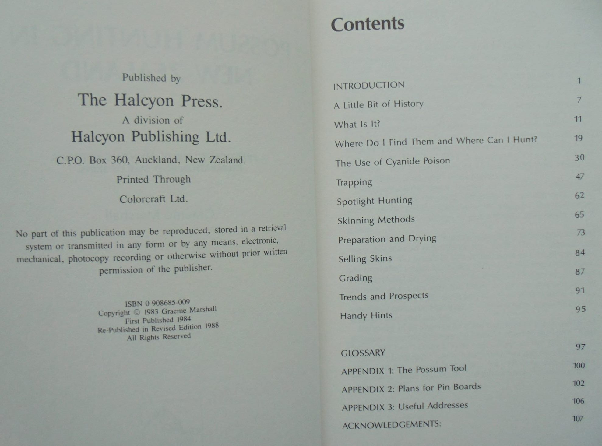 Possum Hunting in New Zealand: A practical guide to hunting methods, preparation, and sale of skins by Marshall, Graeme. evised edition 1988