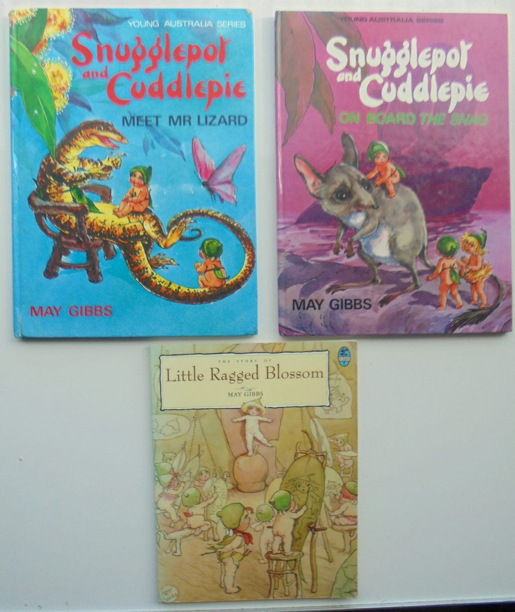 3 May Gibbs books. Snugglepot and Cuddlepie Meet Mr Lizard. Little Ragged Blossom.