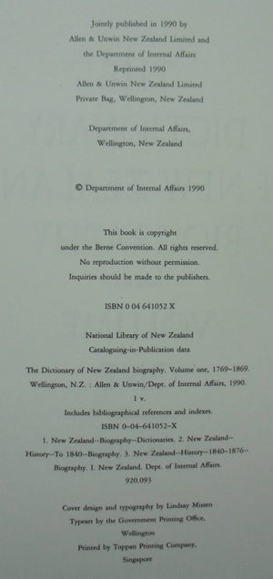 The Dictionary of New Zealand Biography. Vol One 1769 - 1869