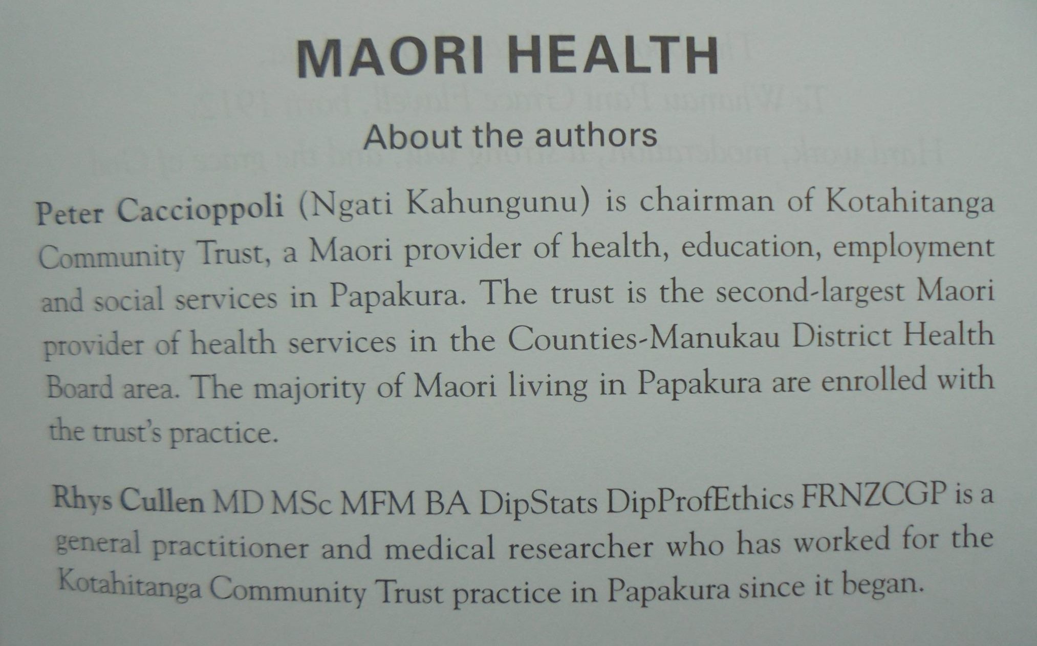 Maori Health. By Caccioppoli, Peter Caccioppoli, Rhys Cullen.