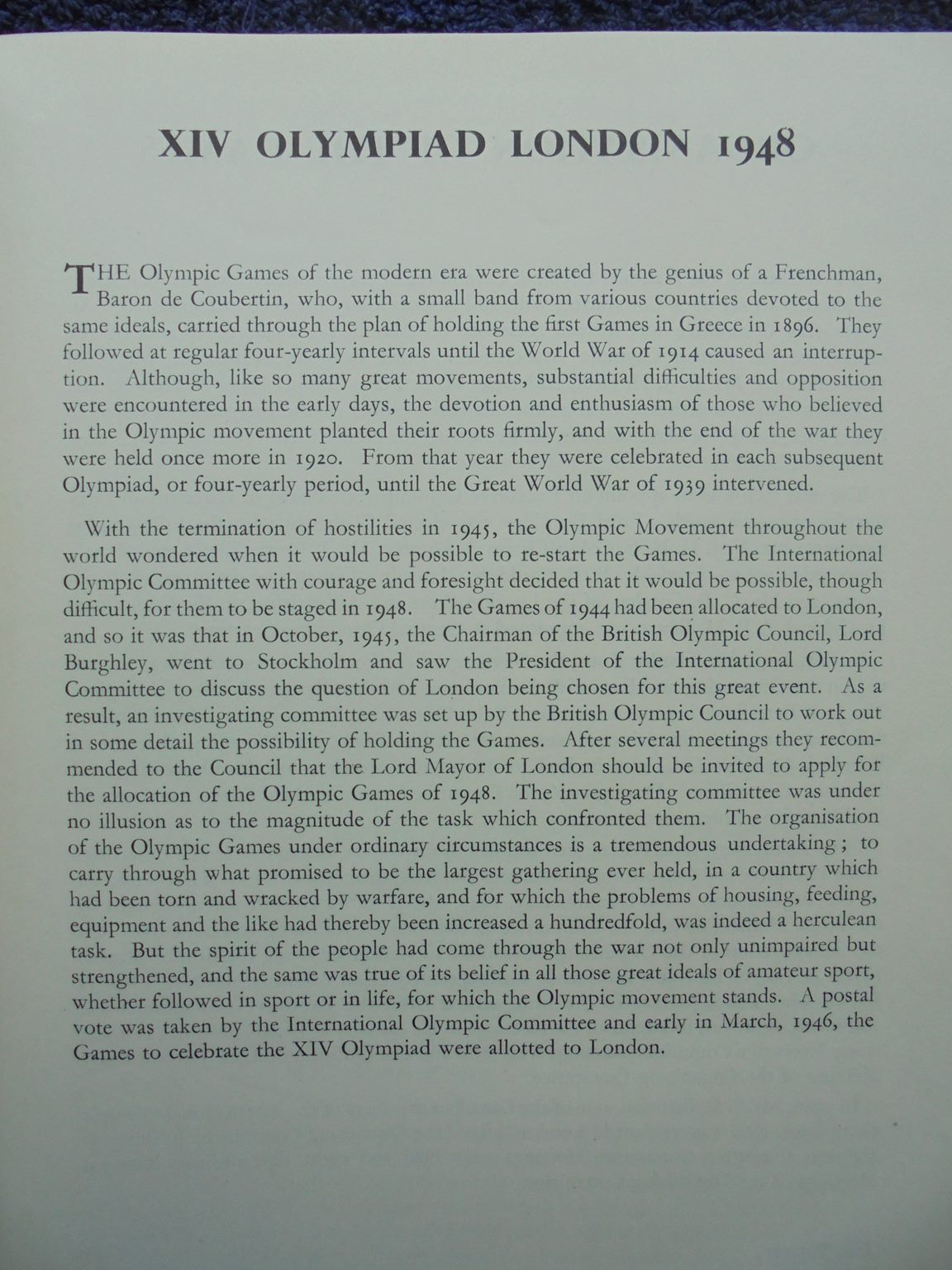 1948 London. XIV Olympiad. The Official Report of the Organising Committee